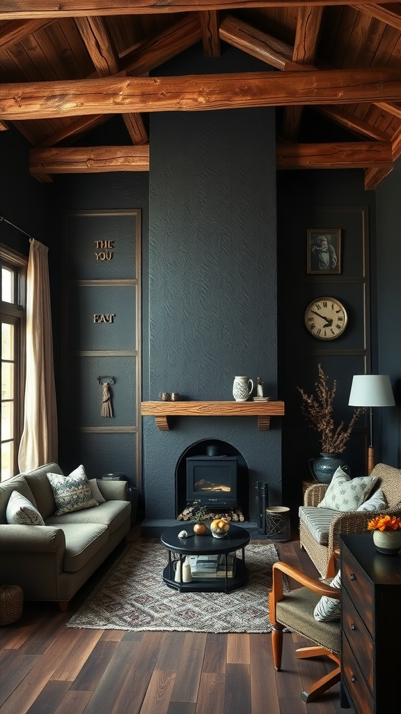 A rustic living room featuring black textured wallpaper, wooden beams, and cozy furniture.