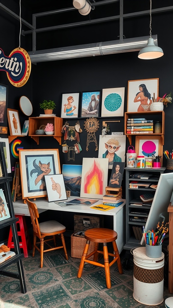 Artistic studio with bold black wallpaper and art supplies on a desk.