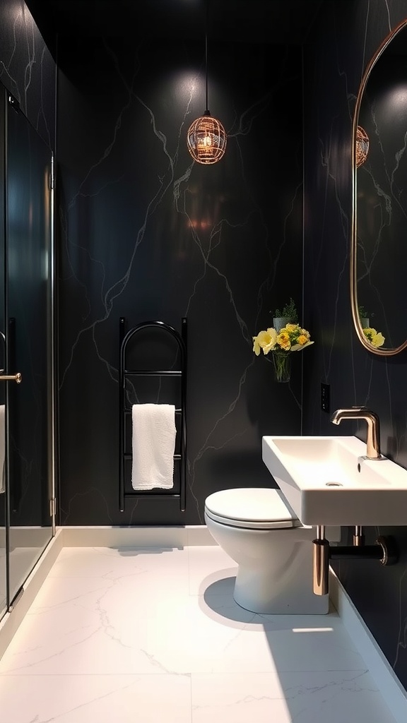 Stylish bathroom with black wallpaper and modern fixtures