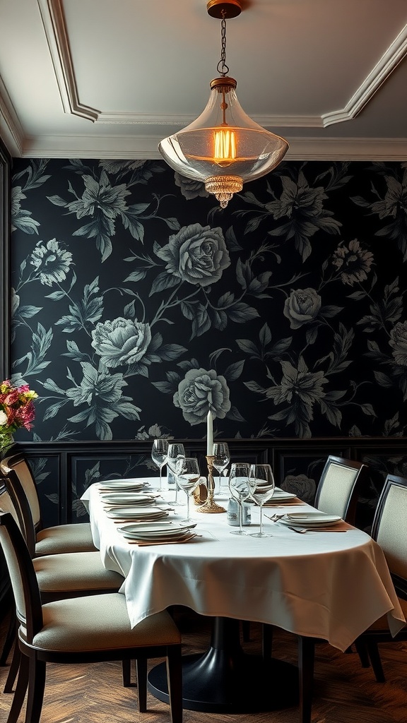 Dining area featuring black floral motif wallpaper with a round table and elegant lighting