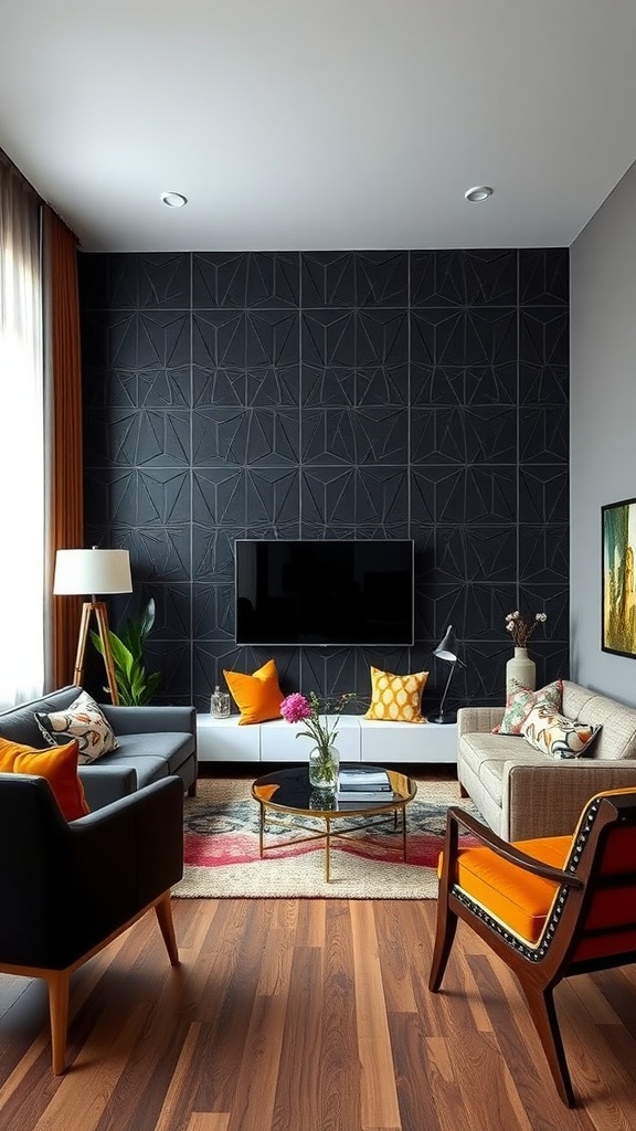 A modern living room featuring geometric black wallpaper, stylish furniture, and colorful accents.