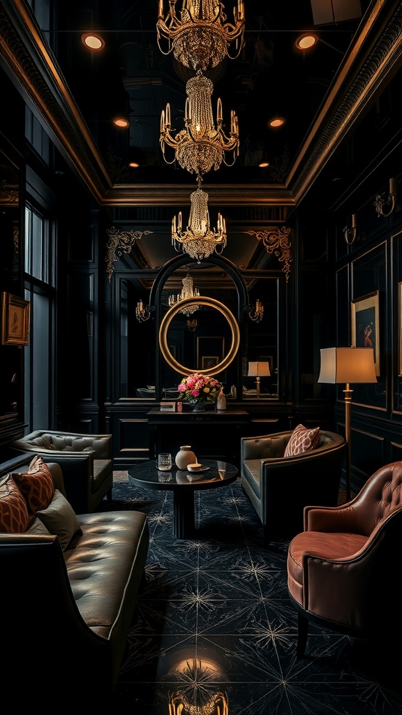 A glamorous lounge with glossy black wallpaper, elegant chandeliers, and stylish seating.