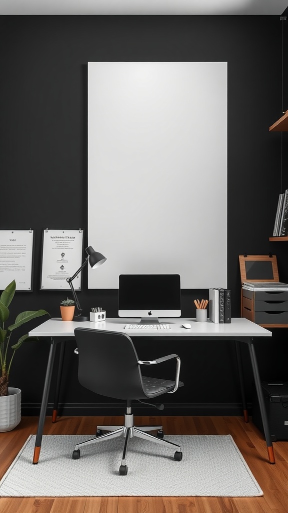 Minimalist home office featuring matte black wallpaper with a desk, chair, and decorative elements.