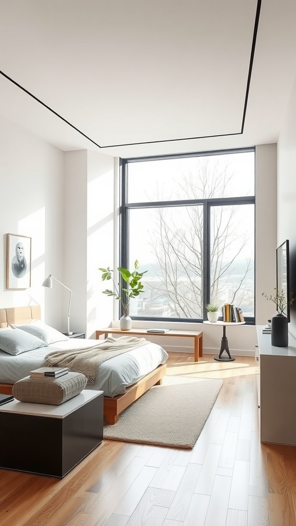A modern minimalist bedroom featuring a bed, large window, and natural light.