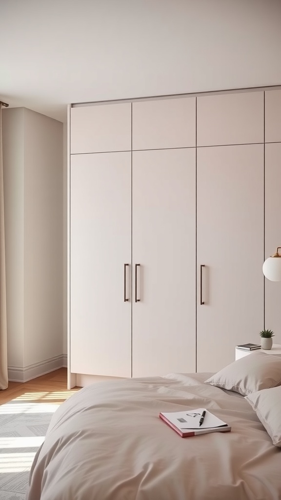 A modern minimalist wardrobe with sleek doors in a stylish bedroom.