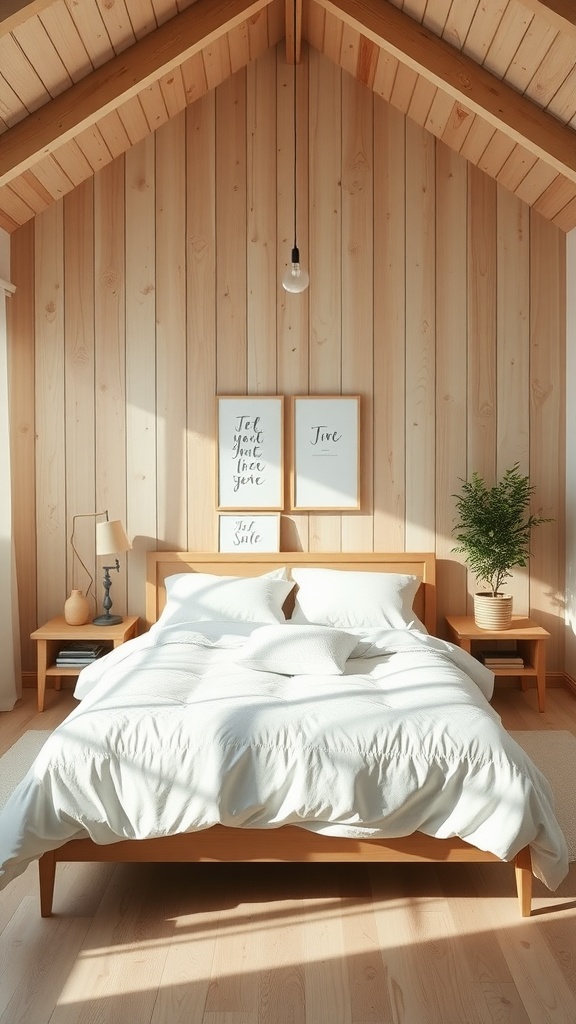 A serene Scandinavian bedroom with wooden walls, cozy bedding, and simple decor.