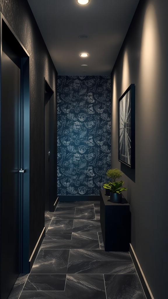 A contemporary hallway with subtle metallic accents in black wallpaper, featuring a dark floor and minimal decor.