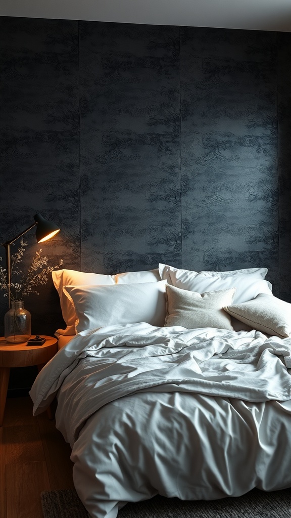 A cozy bedroom featuring textured black wallpaper, soft white bedding, and warm lighting.