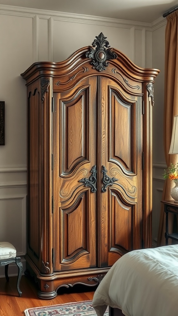 A vintage-inspired wooden wardrobe with ornate carvings and details.