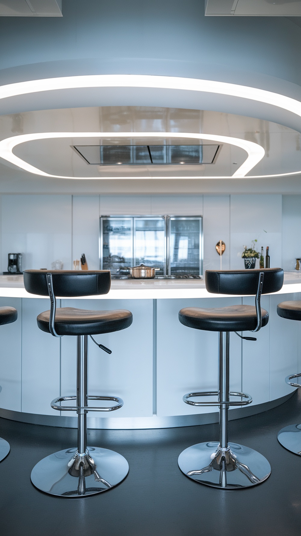 A row of adjustable chrome and leather kitchen stools in a modern kitchen setting