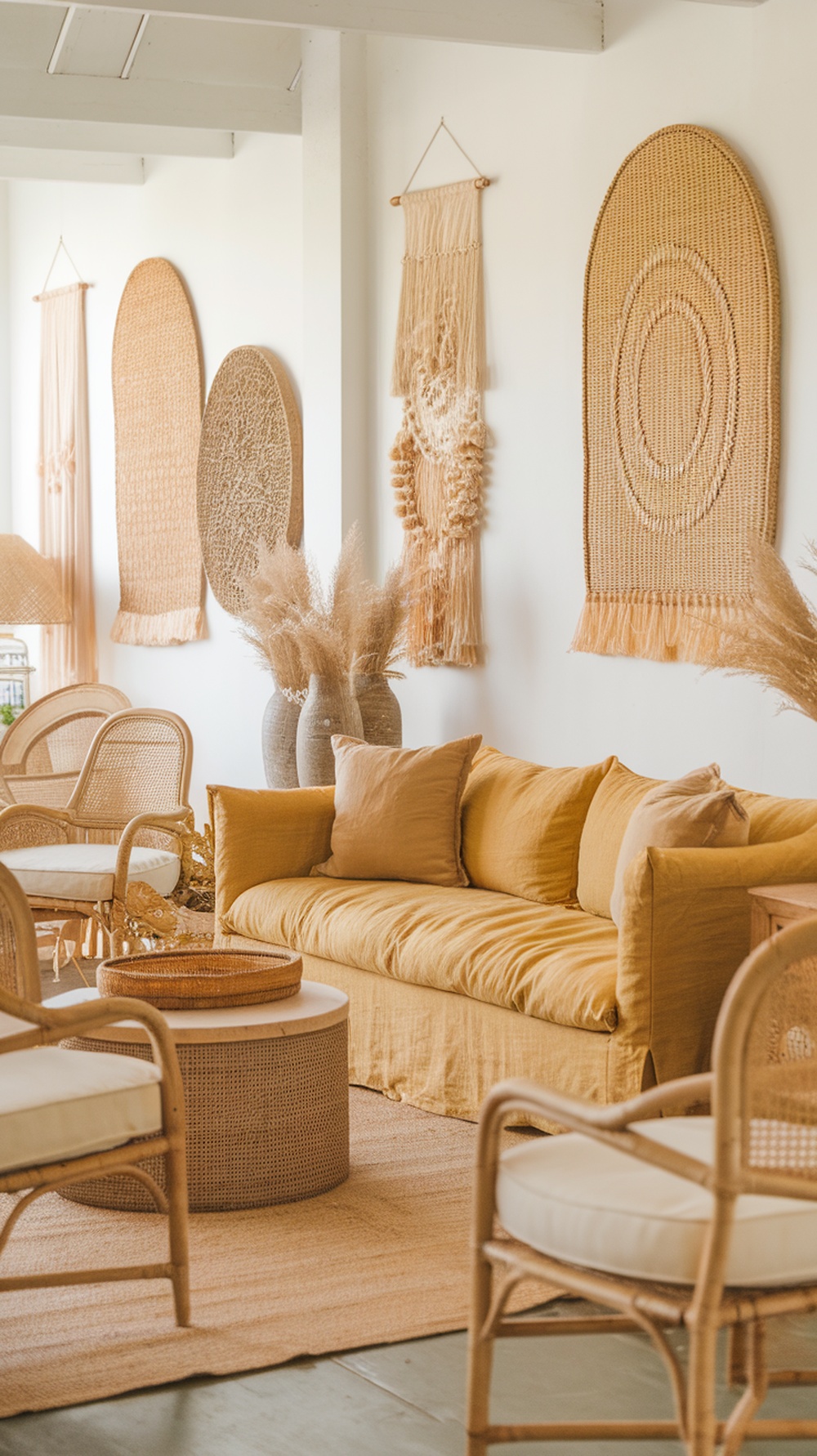 Boho living room featuring a yellow couch, rattan furniture, and woven wall art.