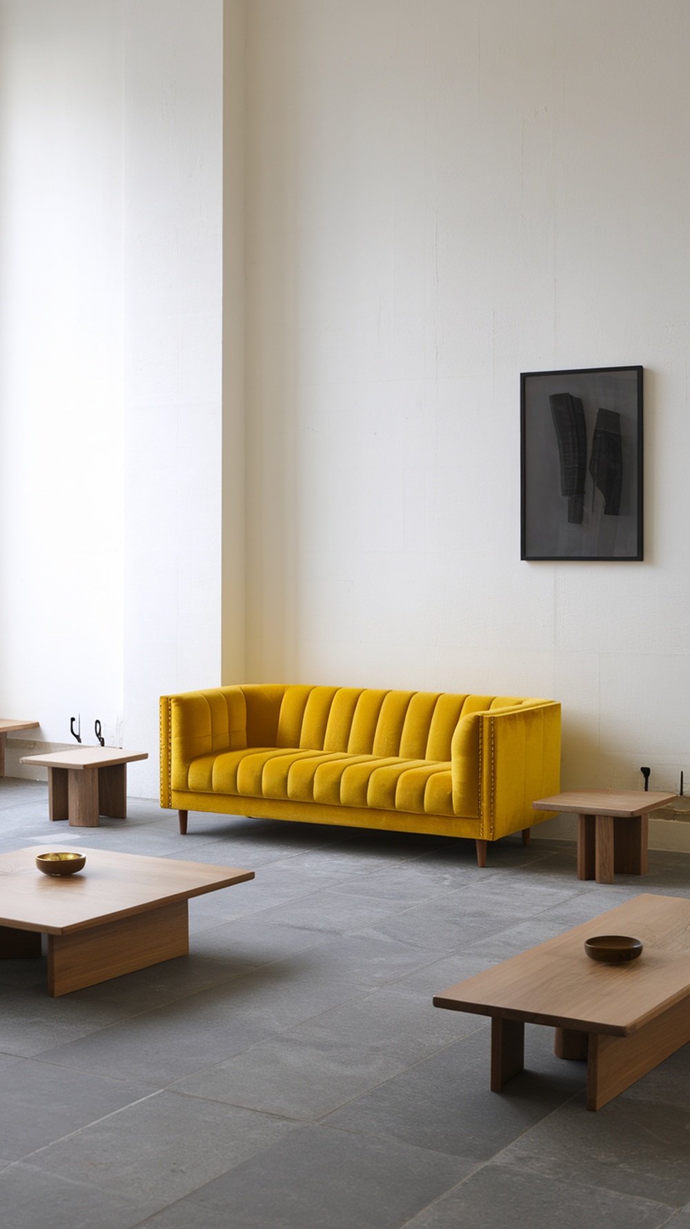 A contemporary living room with a bold yellow sofa, wooden coffee tables, and a gray floor.
