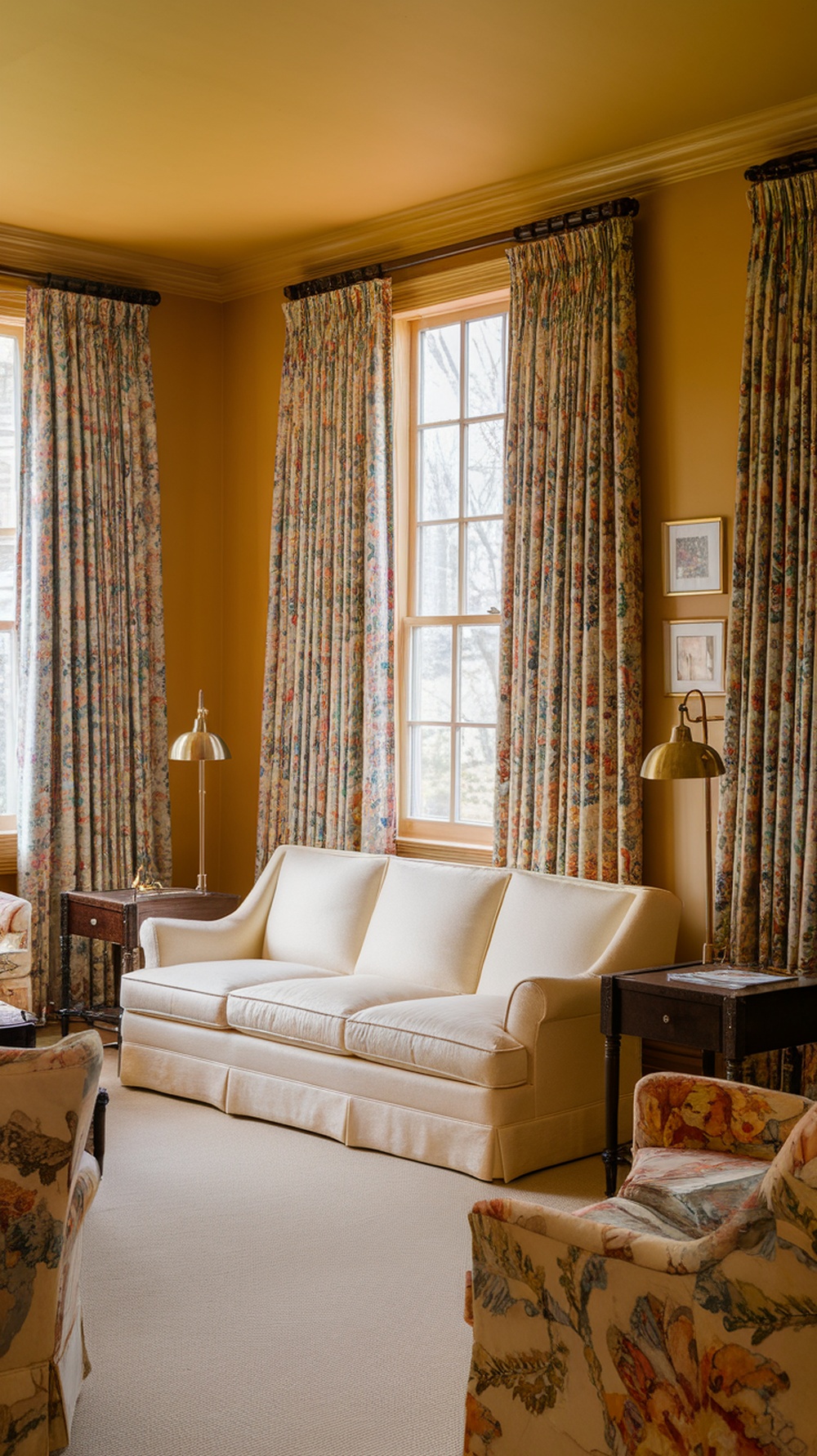 A classic living room featuring yellow walls, a light sofa, floral curtains, and elegant decor.