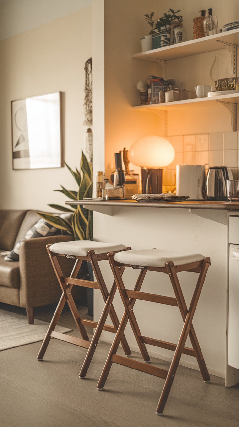 Two compact foldable bar stools in a cozy kitchen setting