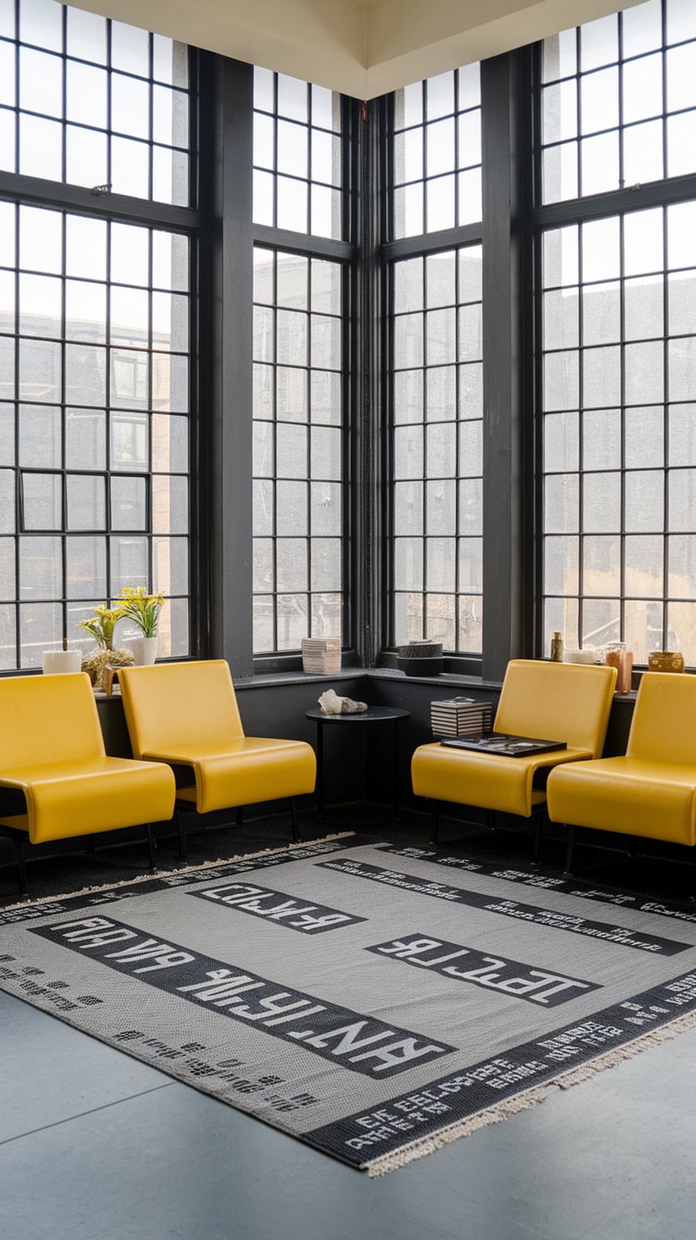 A contemporary yellow living room featuring yellow chairs, black framing around windows, and a patterned rug.