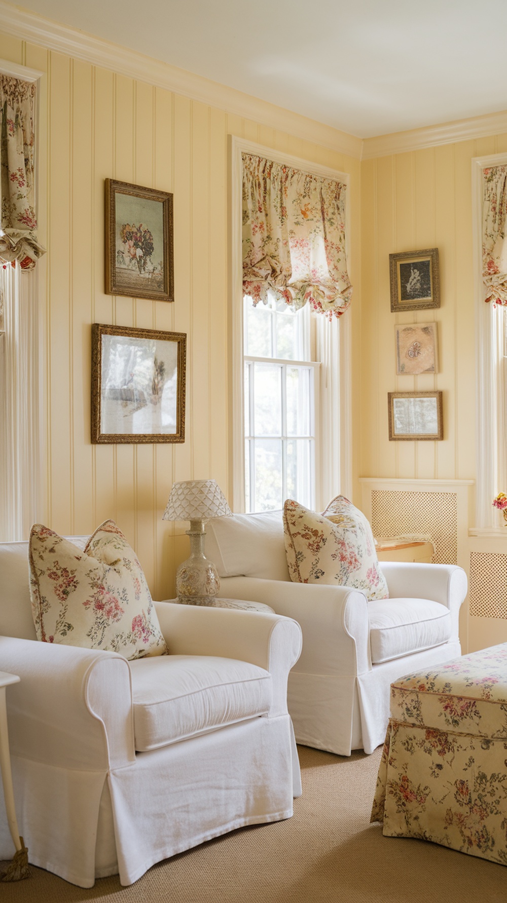 Cozy cottage-style living room with yellow walls, white sofas, and floral pillows