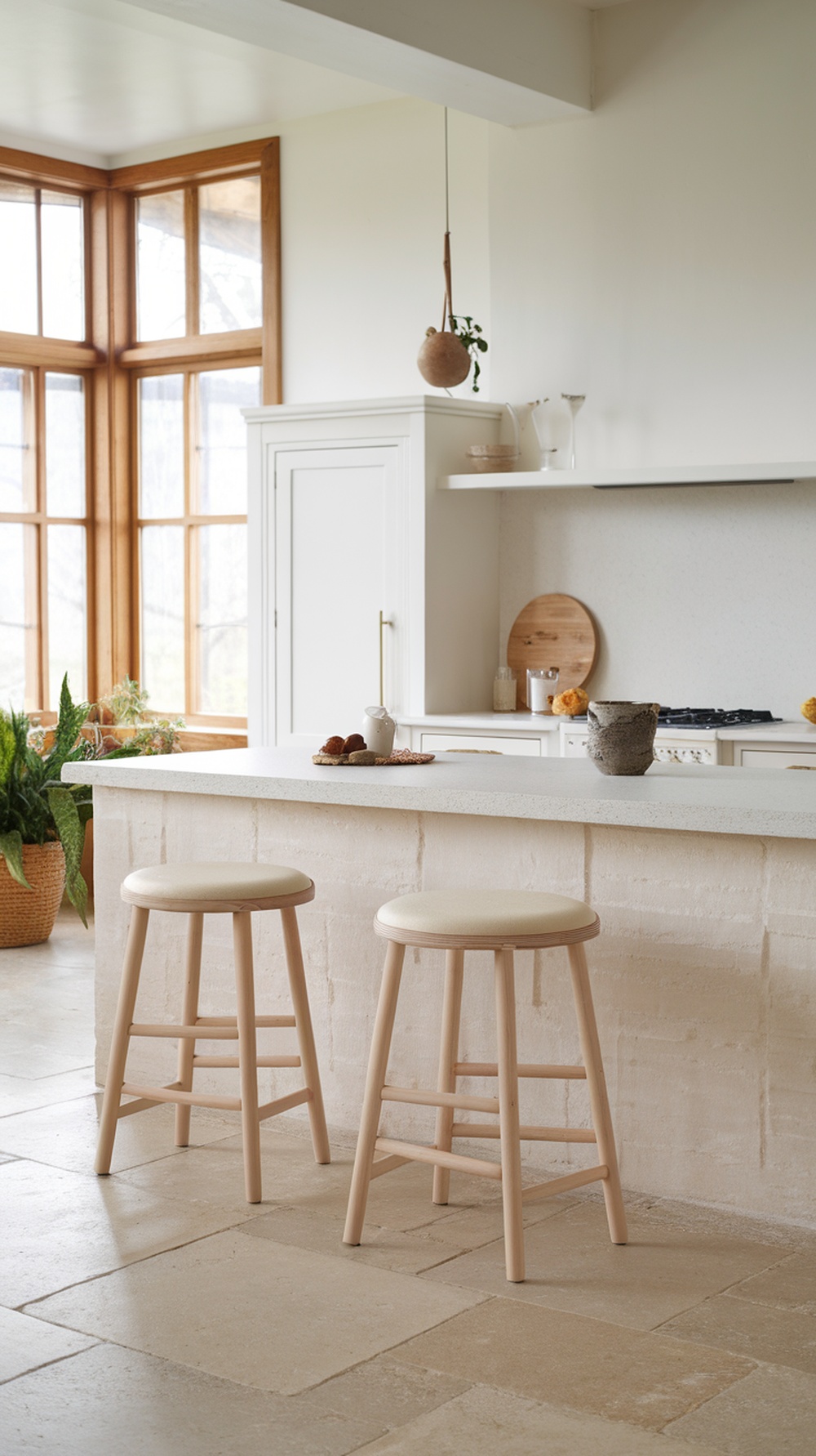 Two light-colored Scandinavian stools with curved backs in a modern kitchen setting