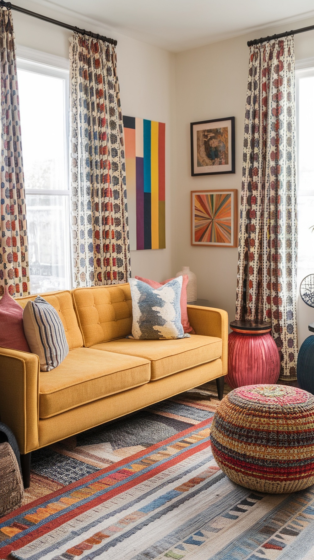Eclectic yellow living room featuring a bright yellow couch, colorful patterned curtains, and various artistic wall decor.
