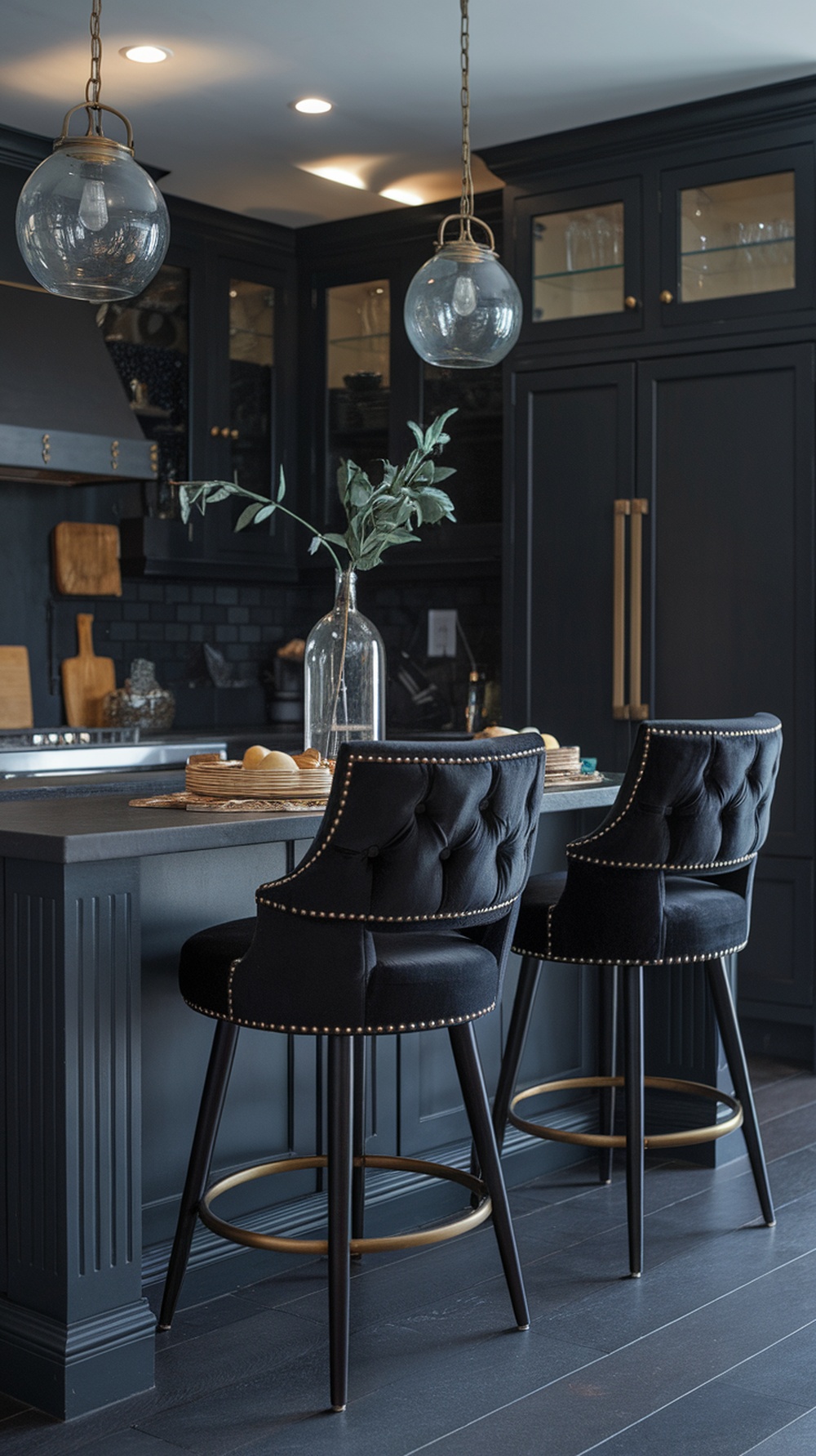 Two elegant black velvet bar stools in a modern kitchen with dark cabinetry and stylish decor.
