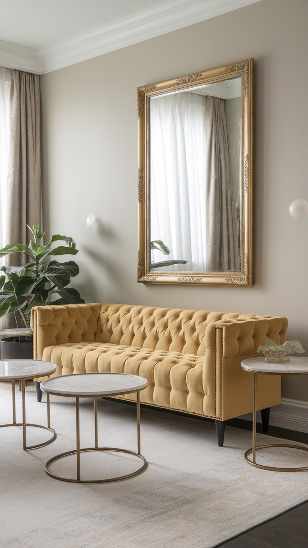 A cozy yellow living room featuring a tufted yellow sofa, gold accent tables, and a large golden-framed mirror.