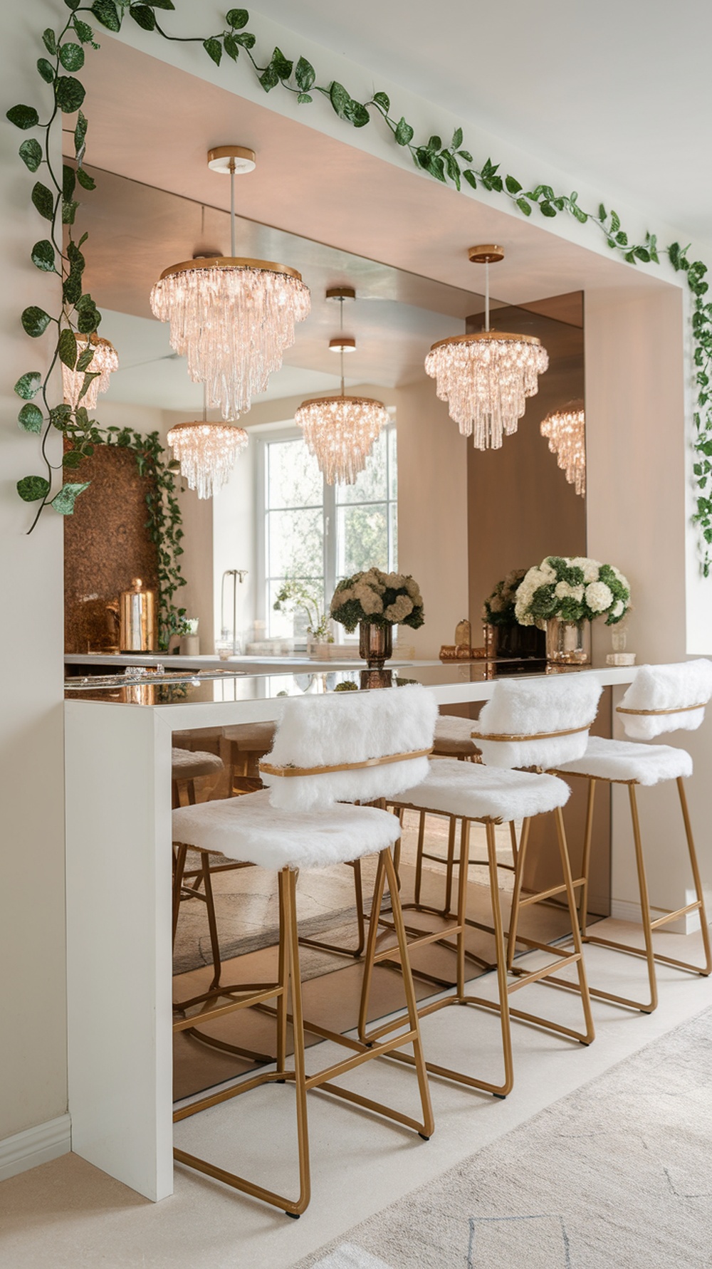 A glam kitchen with faux fur bar stools and elegant chandeliers