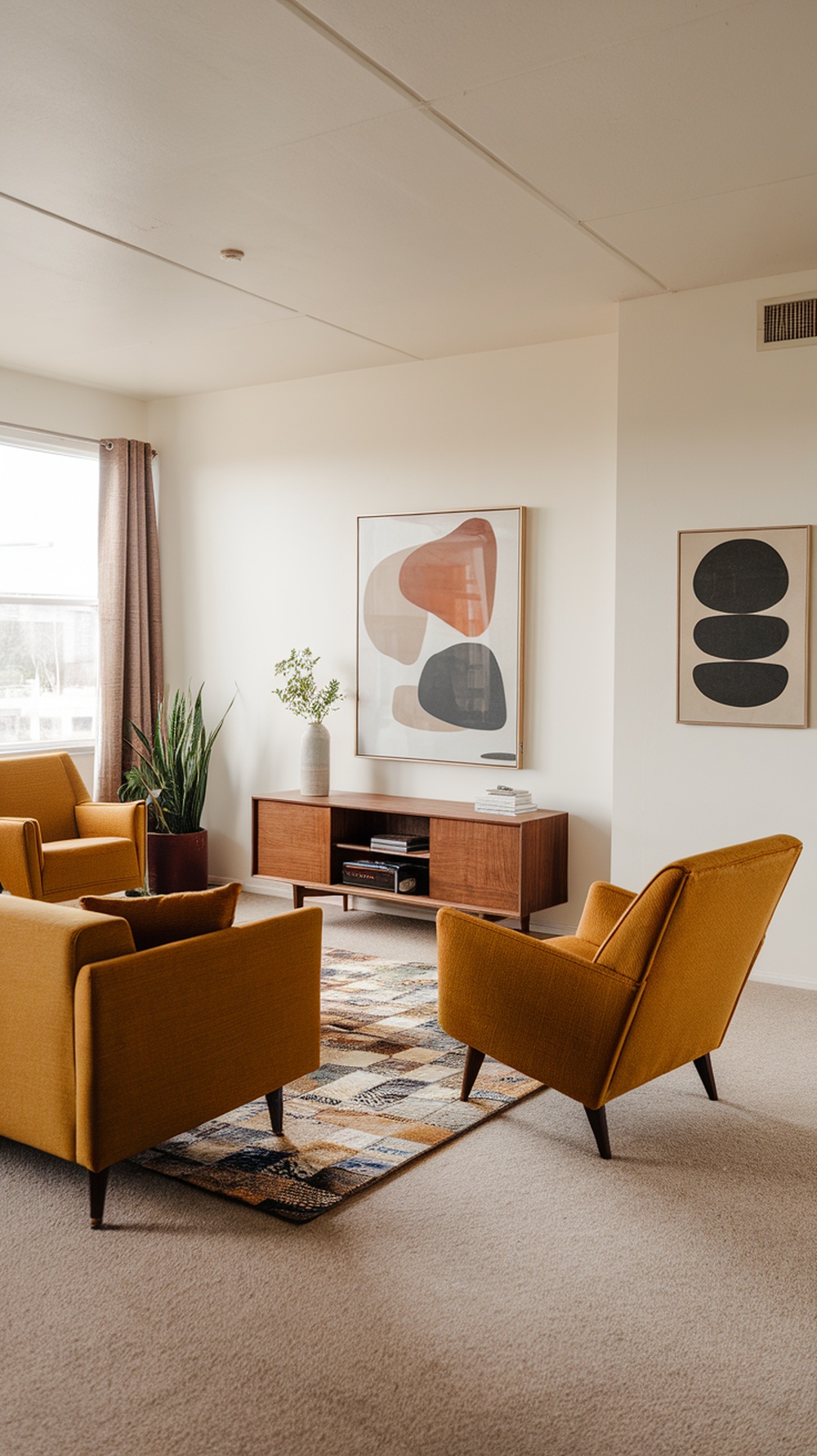 A mid-century living room featuring a mustard sofa and two armchairs, with a wooden media console and abstract art on the walls.