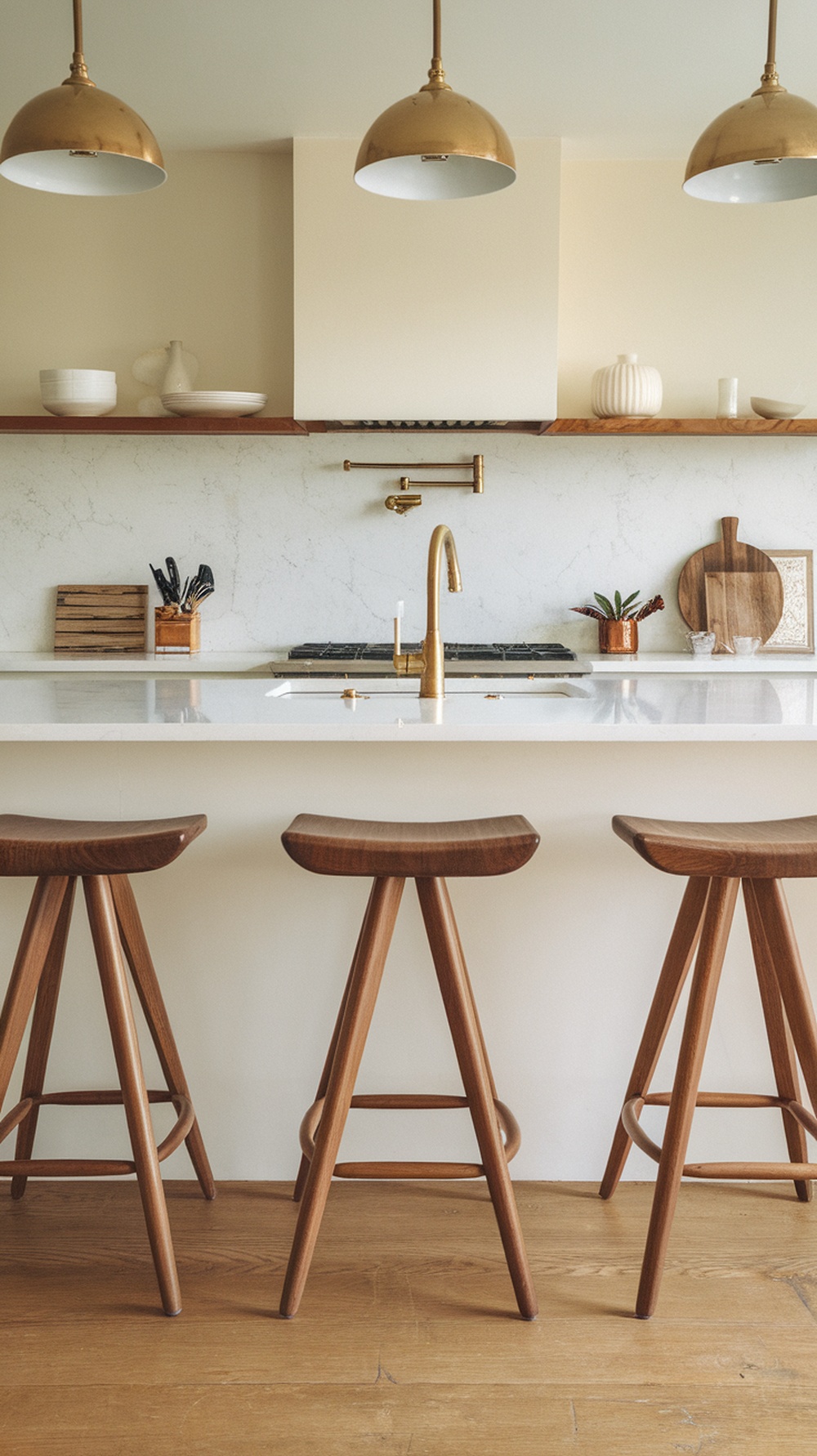 Mid-century modern wooden stools at a kitchen counter with brass accents