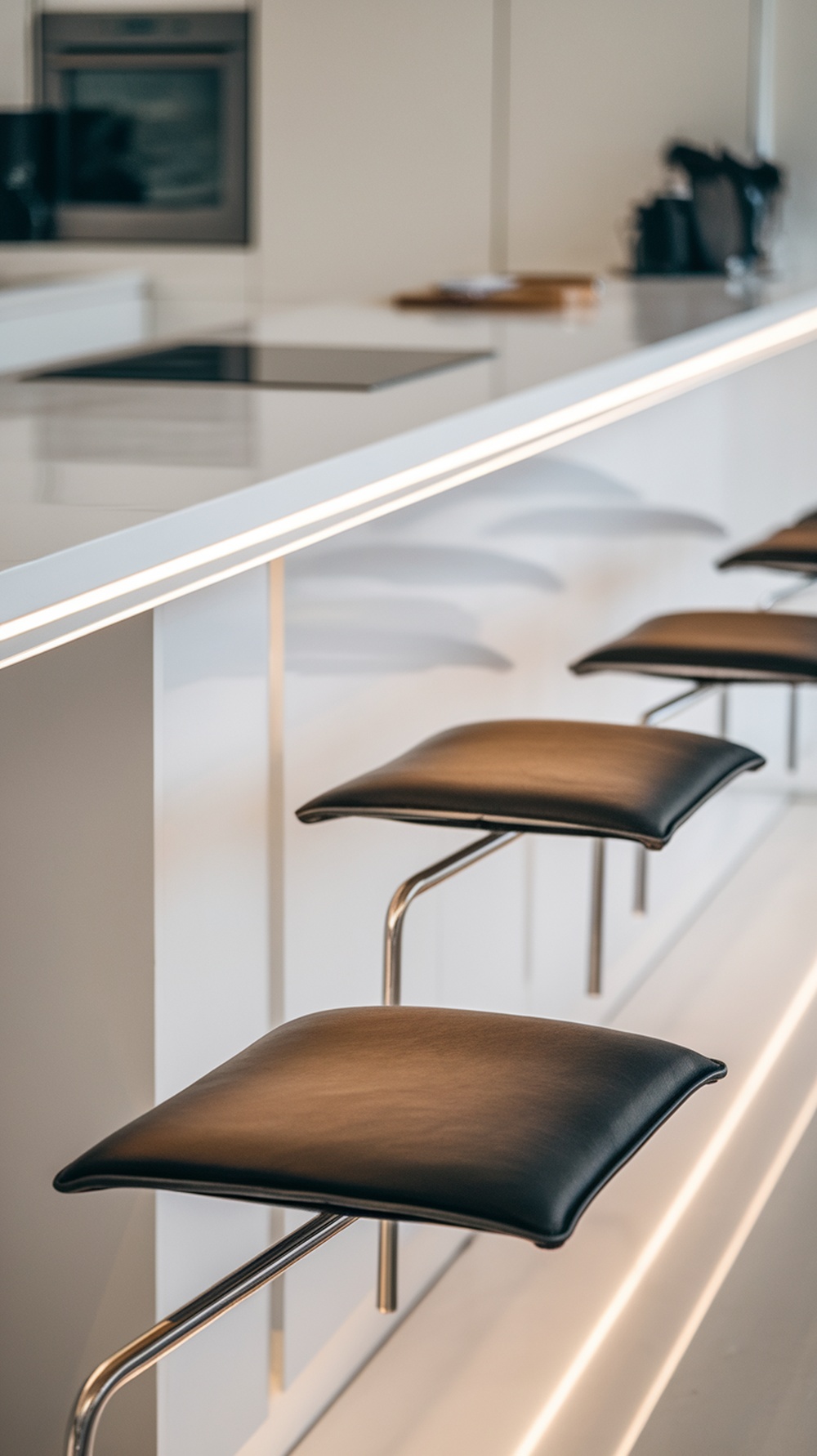A close-up view of minimal floating kitchen stools with black cushions and sleek metal frames.