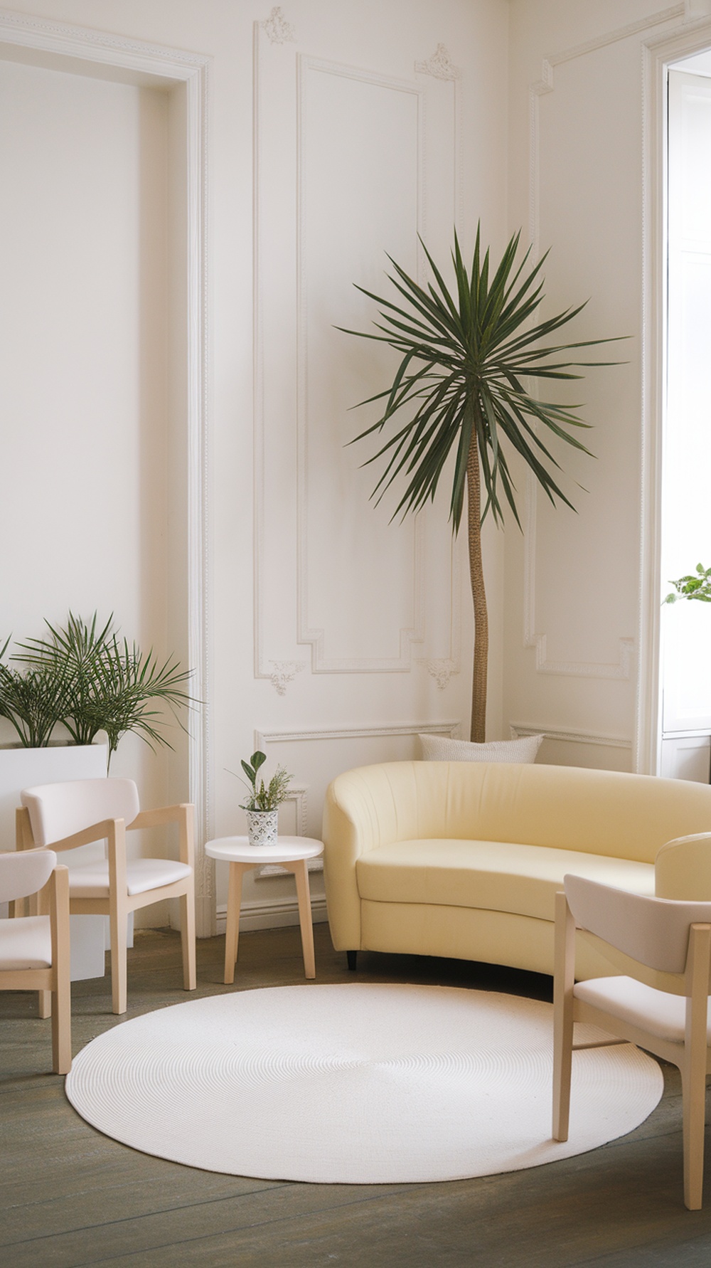 A minimalist living room featuring a yellow sofa, white walls, and plants for decoration.