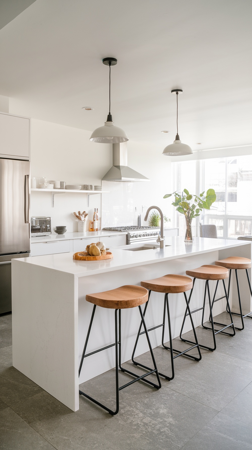 A modern kitchen island featuring wooden and metal stools, showcasing a clean and stylish design.