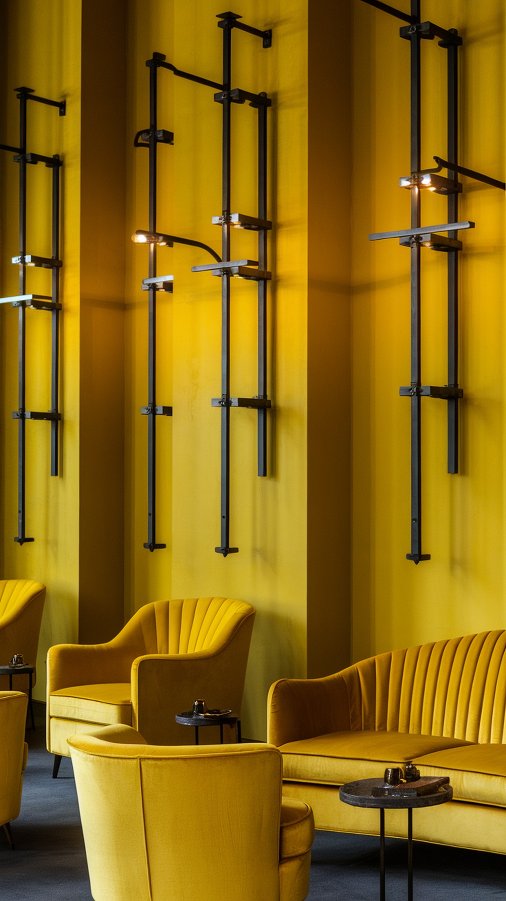A vibrant monochrome yellow living room featuring yellow furniture and black lighting fixtures.