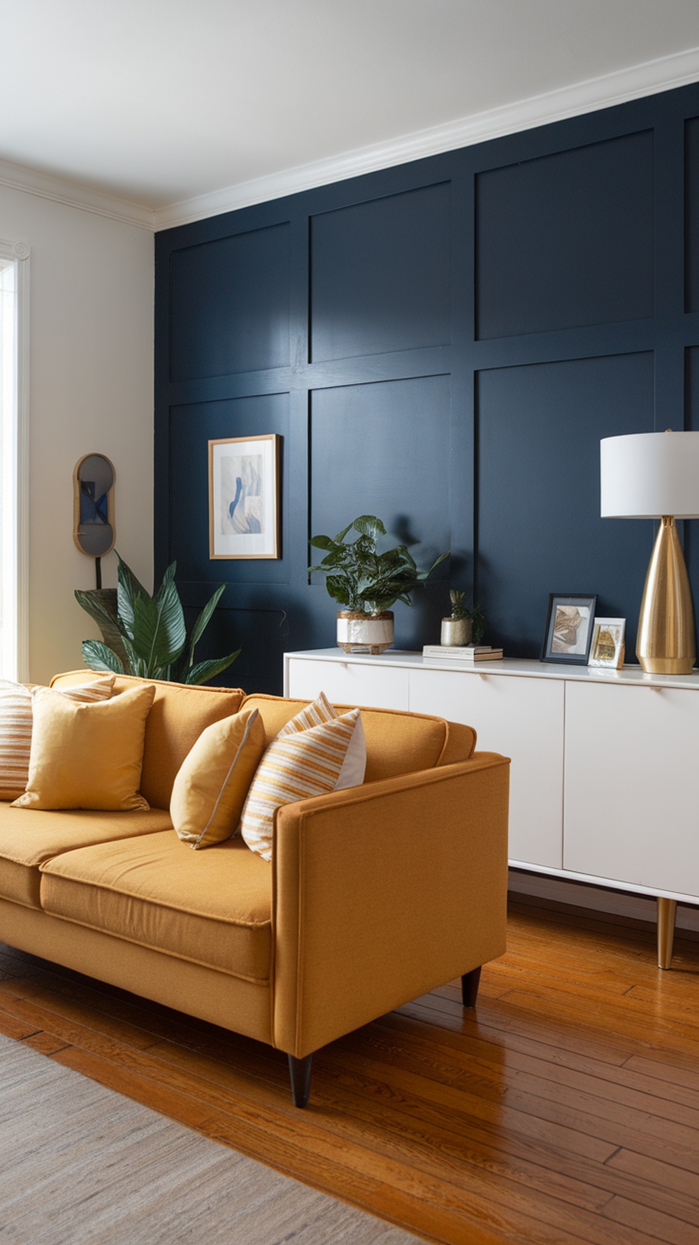 A mustard sofa with patterned pillows in a living room with a navy wall and white furniture.