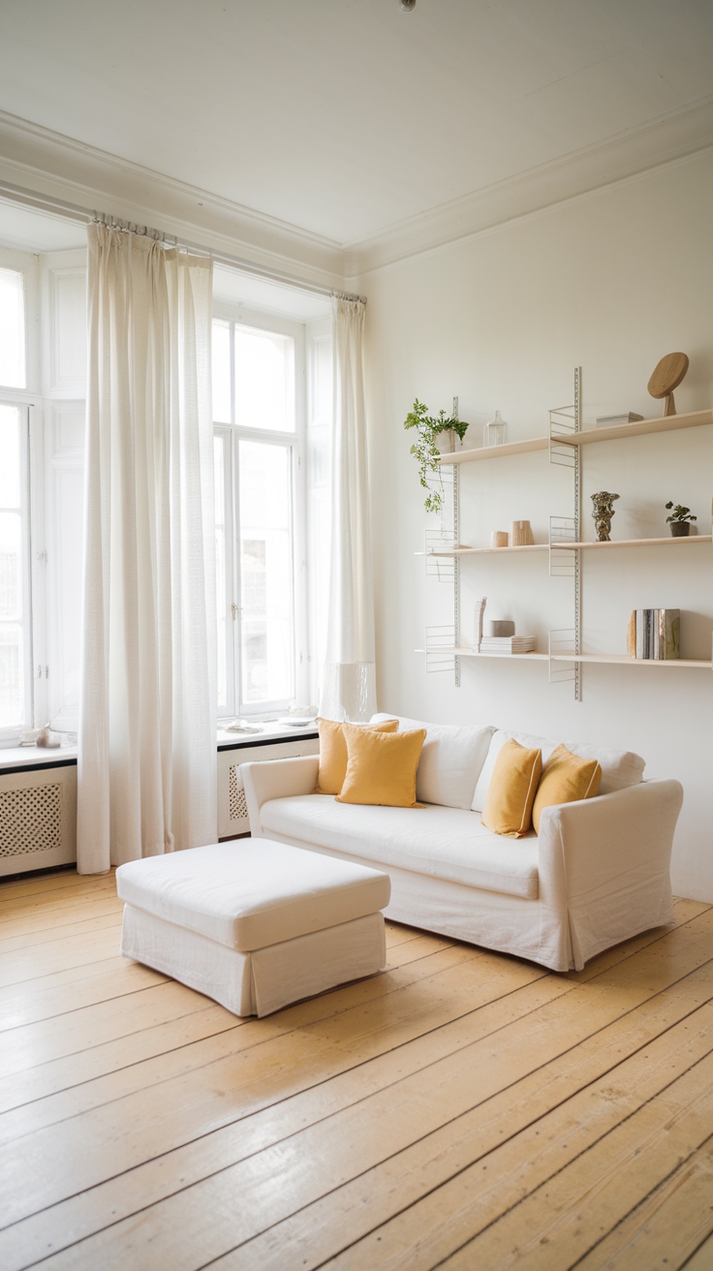 A cozy Scandinavian living room featuring a white sofa with yellow cushions, large windows, and minimalist shelving.
