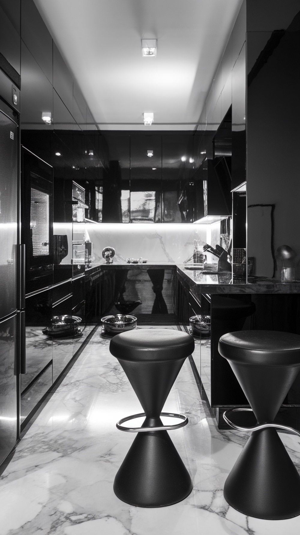 Two sculptural black modern designer stools in a sleek kitchen setting