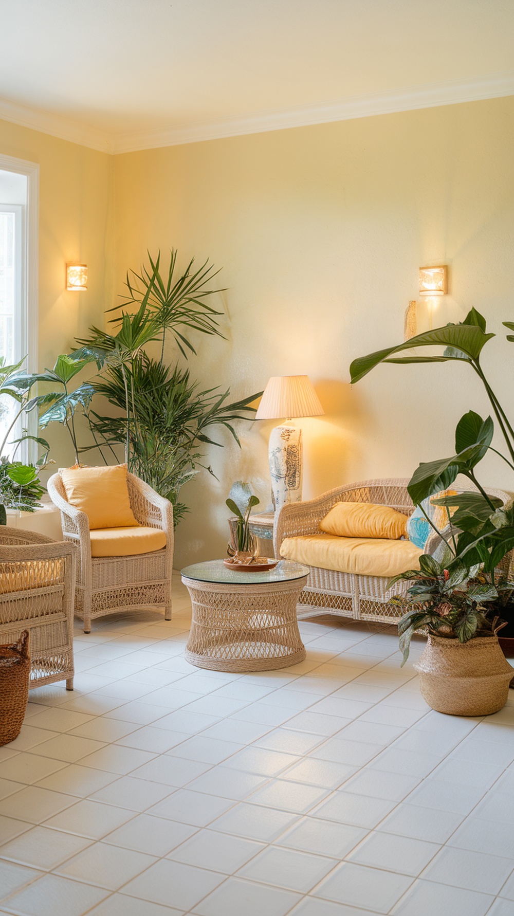 A sunroom-inspired yellow living room with bright walls, rattan furniture, and green plants