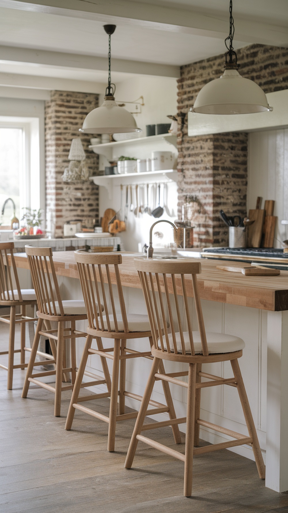 A stylish farmhouse kitchen featuring tall back wooden stools at a wooden counter.