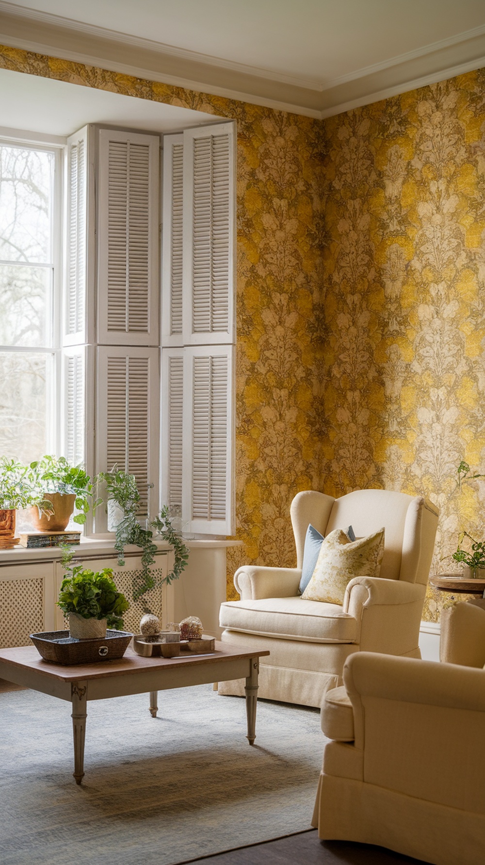 A traditional yellow living room with a bay window, featuring floral wallpaper, comfortable armchairs, and a wooden coffee table.
