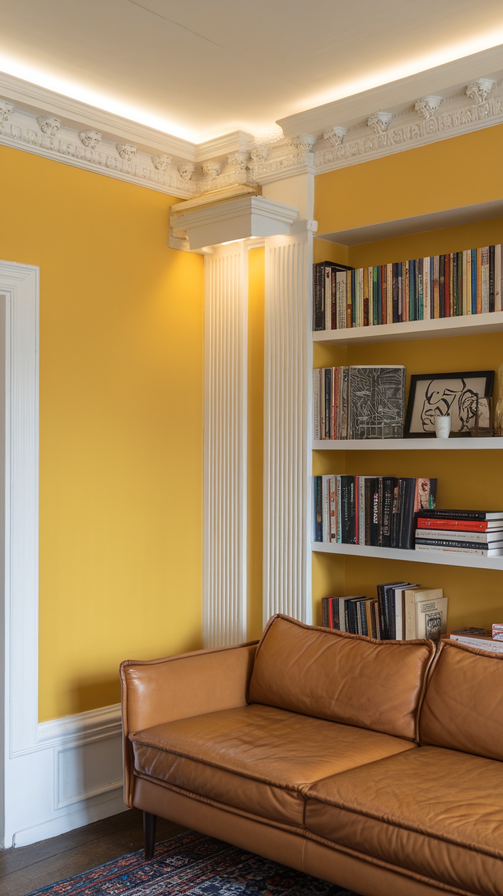 Two-tone yellow living room with white trim and brown leather sofa.