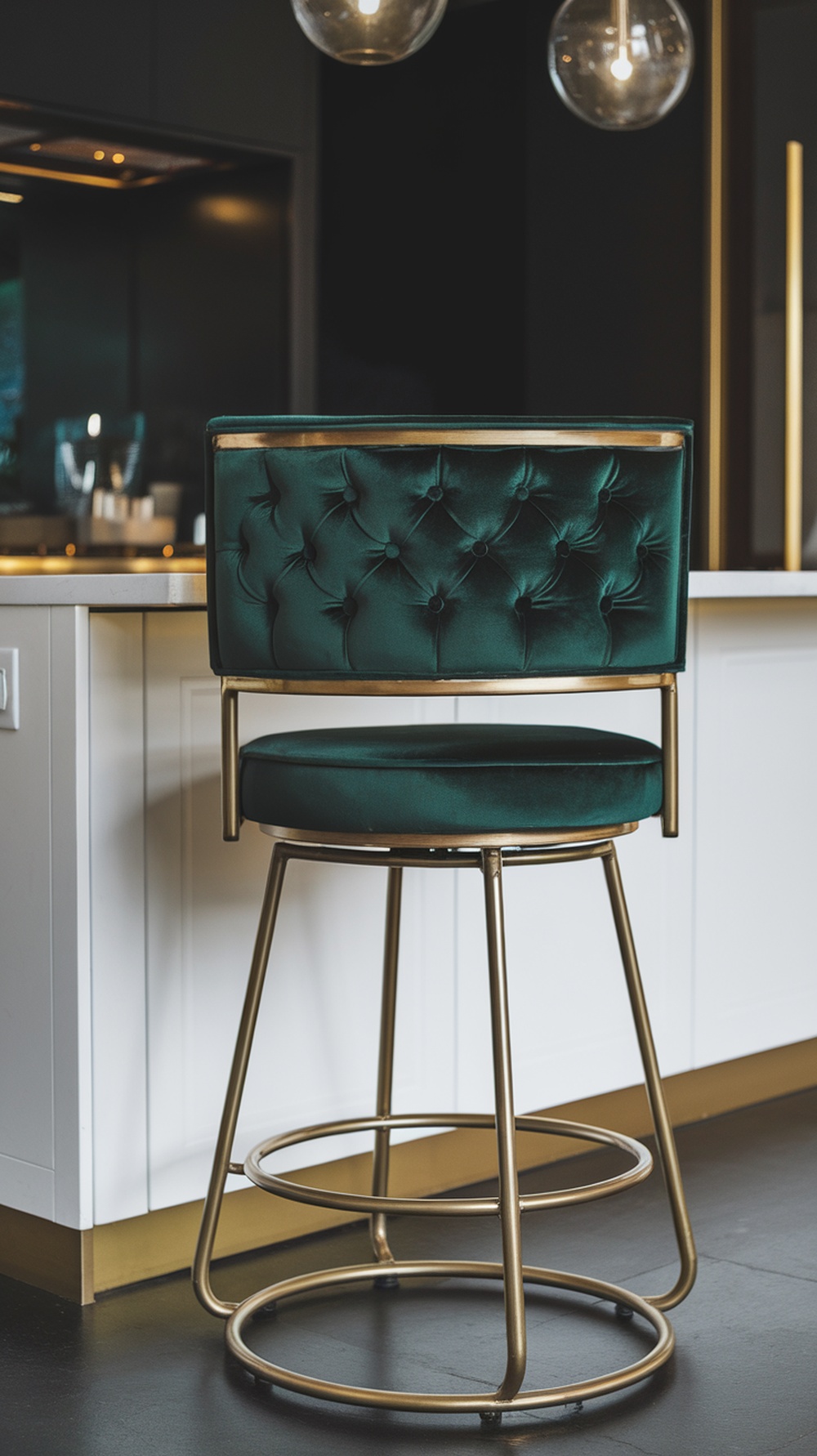A luxe kitchen featuring a velvet swivel stool with a gold frame, set against a modern backdrop.