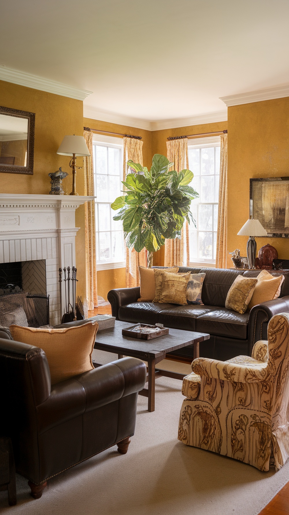 Cozy living room with yellow walls, fireplace, and comfortable seating.