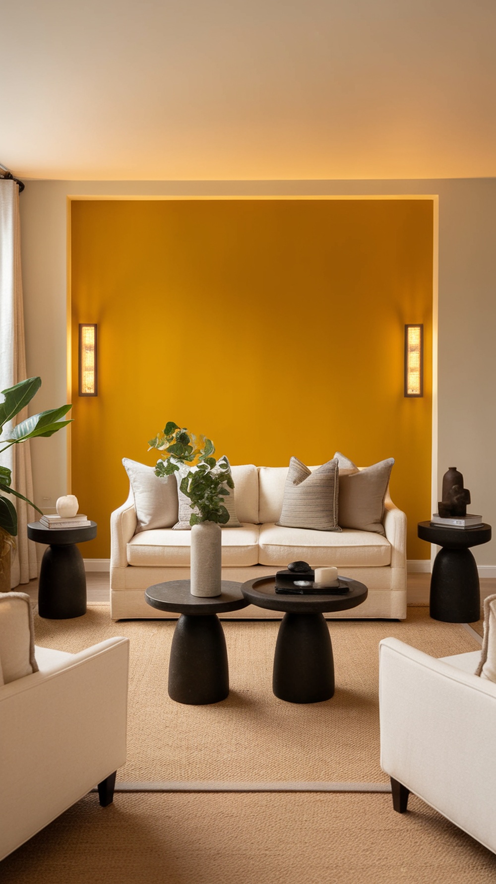 Cozy living room with a yellow accent wall and light furniture