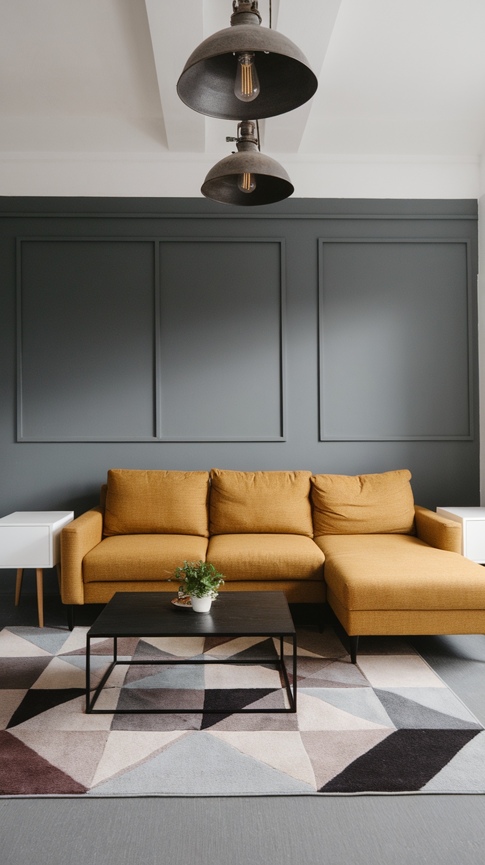 A modern living room featuring a yellow sofa, grey wall, and geometric rug.