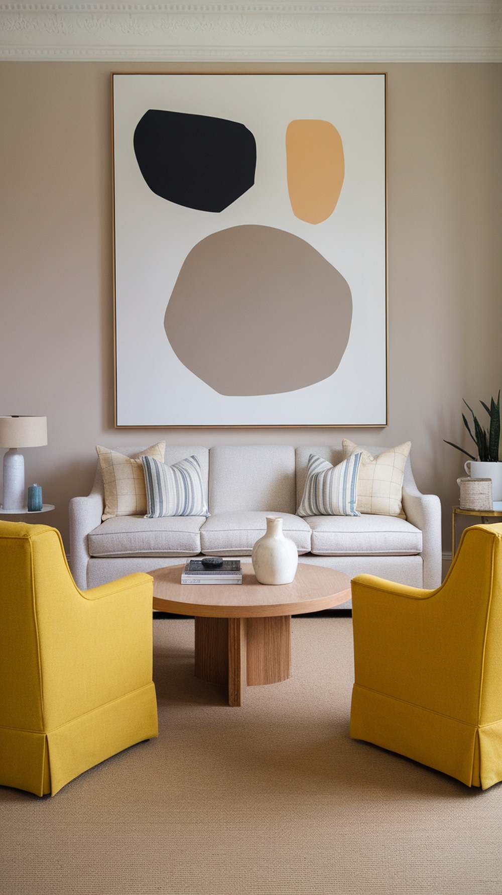 A neutral living room featuring two yellow armchairs, a light-colored sofa, and a round wooden coffee table.