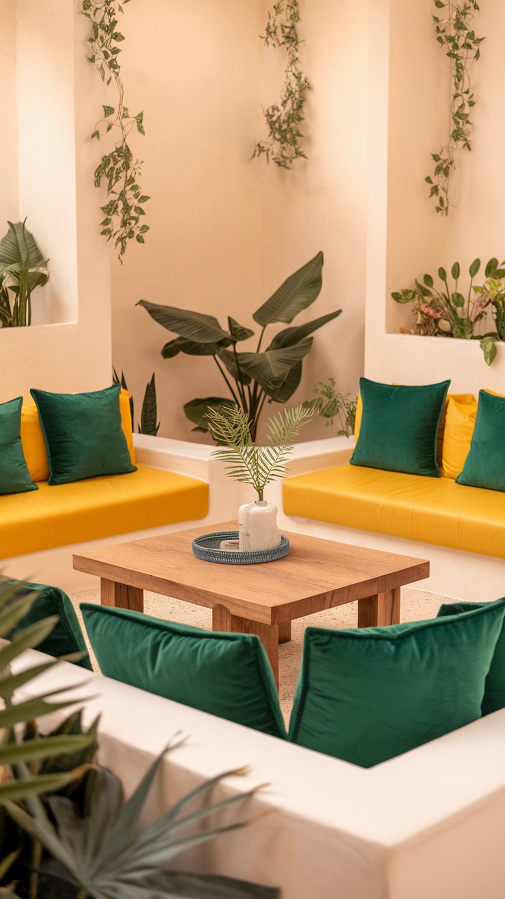 A bright living room featuring yellow sofas with green accent pillows, surrounded by plants and a wooden coffee table.