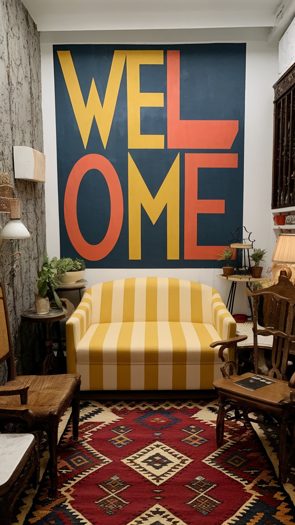 A cozy living room featuring a yellow striped sofa, a vibrant 'WELCOME' mural, eclectic furniture, and a colorful area rug.